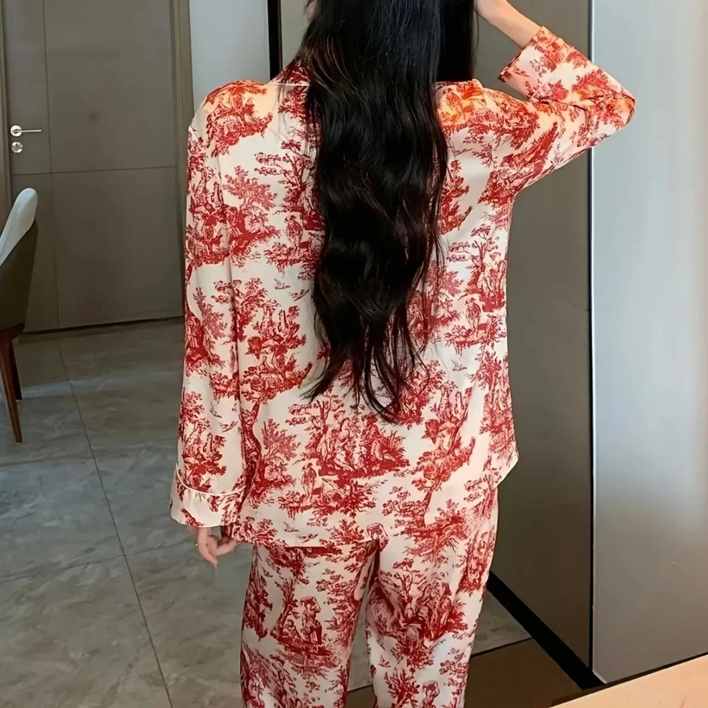 NEW CCB Red & White Satin Toile Ink-Print Button Lapel Collar Pants Pajama Set L - Picture 7 of 10